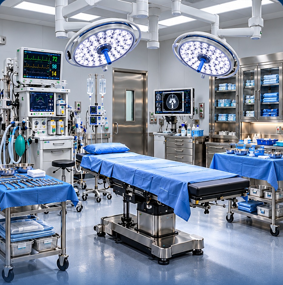 Operating room with draped surgical table, two surgical lights, anesthesia equipment, instrument tables and stainless cabinets
