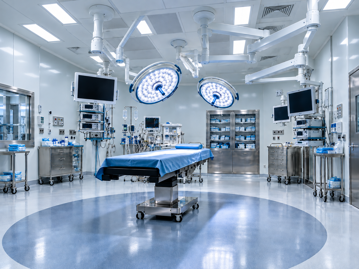 Modern hospital operating room with surgical table and surgical lights