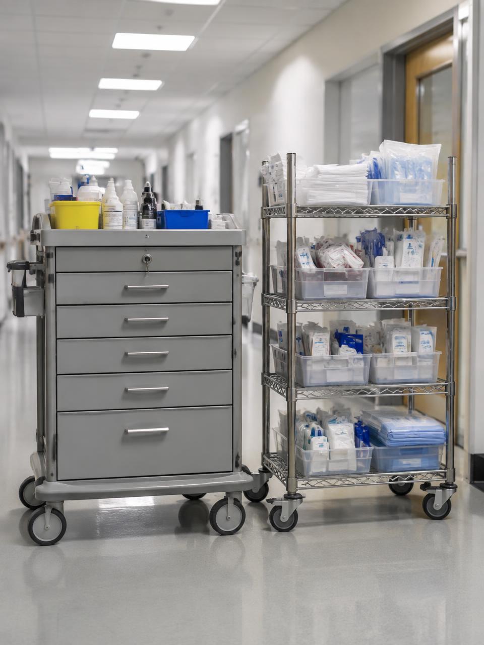 Multi-drawer procedure cart and wire supply cart in a hospital corridor