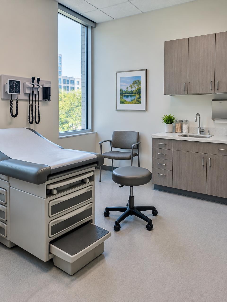 Clinic exam room with treatment table, stool, chair and cabinets