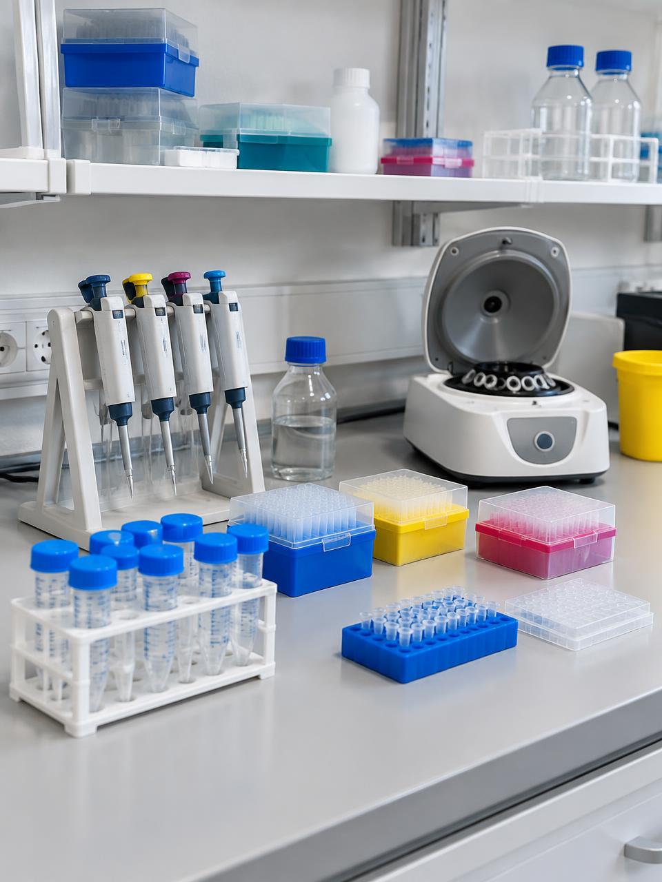 Lab bench with centrifuge tubes in racks, pipette tip boxes, pipettes and a benchtop centrifuge
