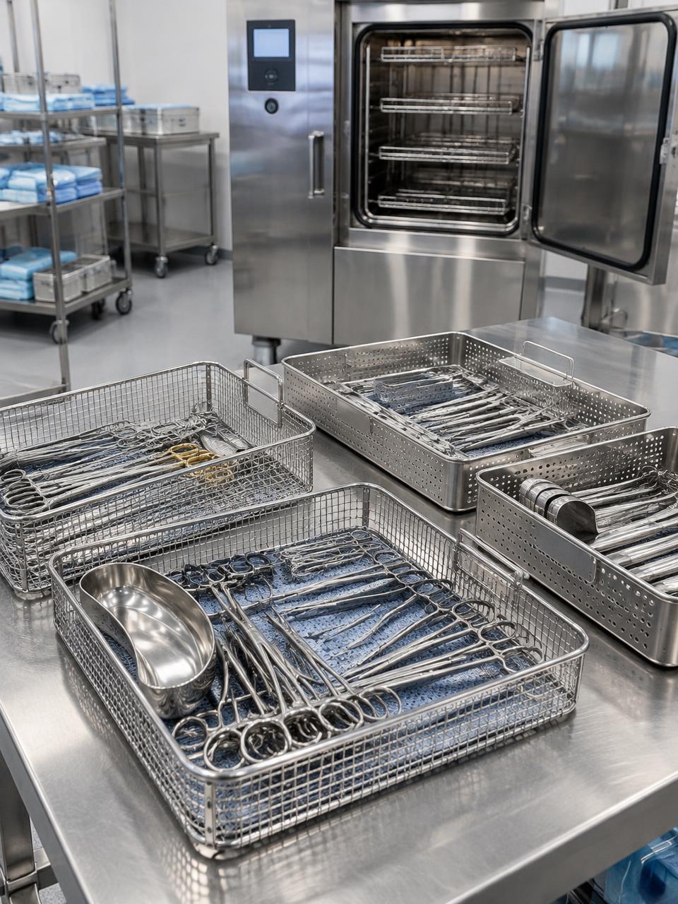 Wire sterilization baskets and trays of reusable instruments beside a steam sterilizer