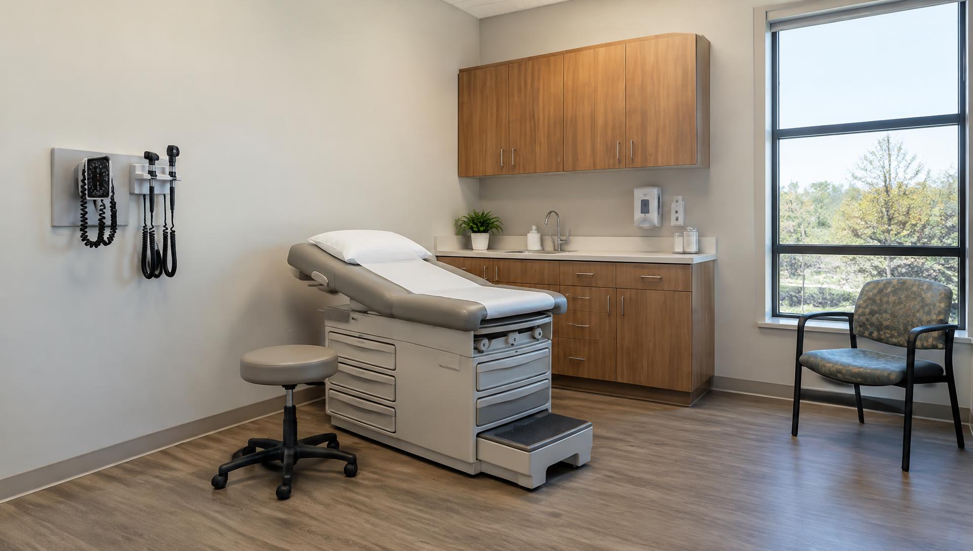 Outpatient exam room with treatment table, clinical stool, phlebotomy chair and white cabinets