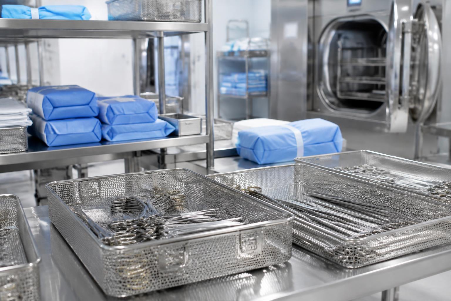Central sterile processing area with instrument baskets and a steam sterilizer