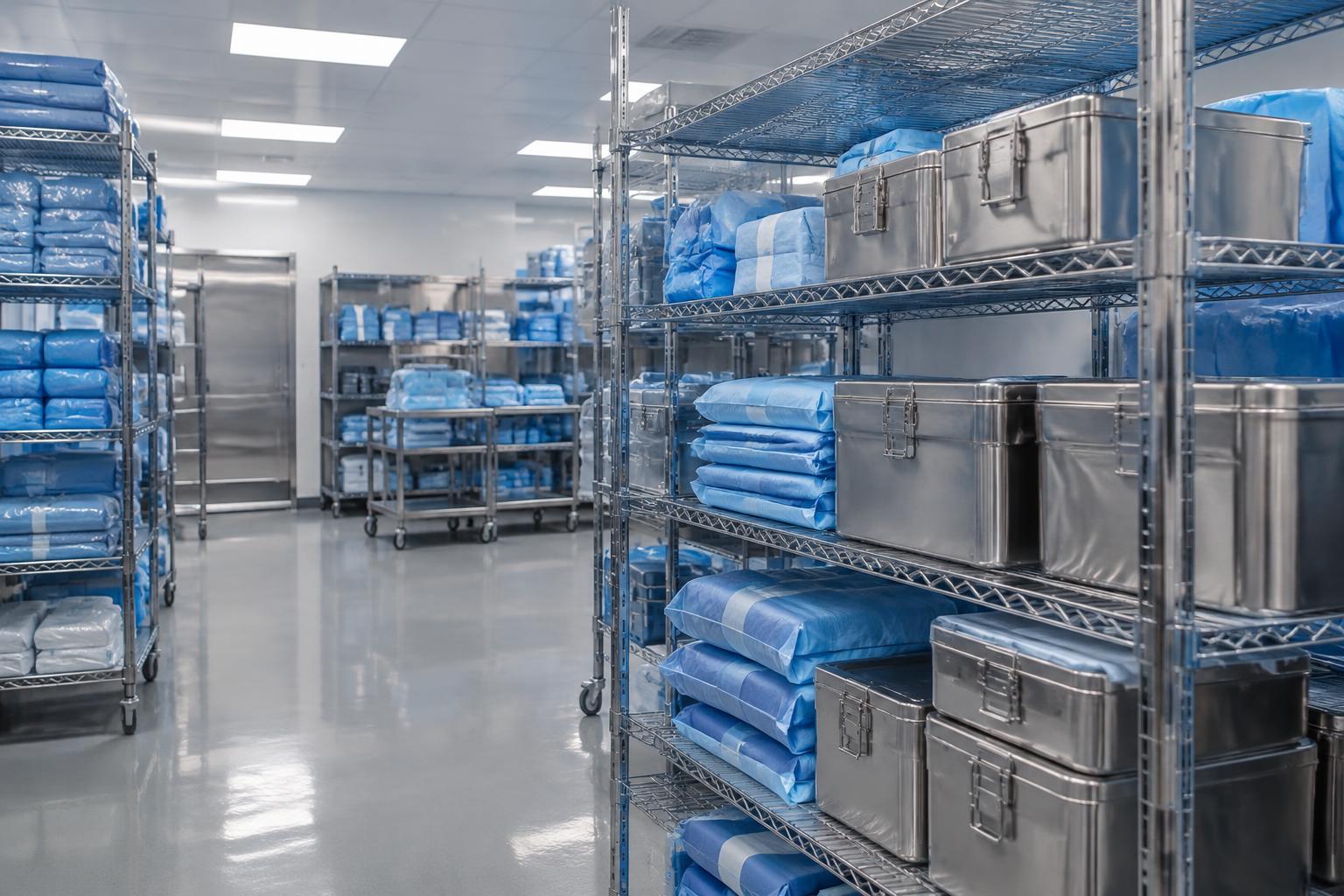 Sterile storage room with blue-wrapped packs and stainless sterilization containers