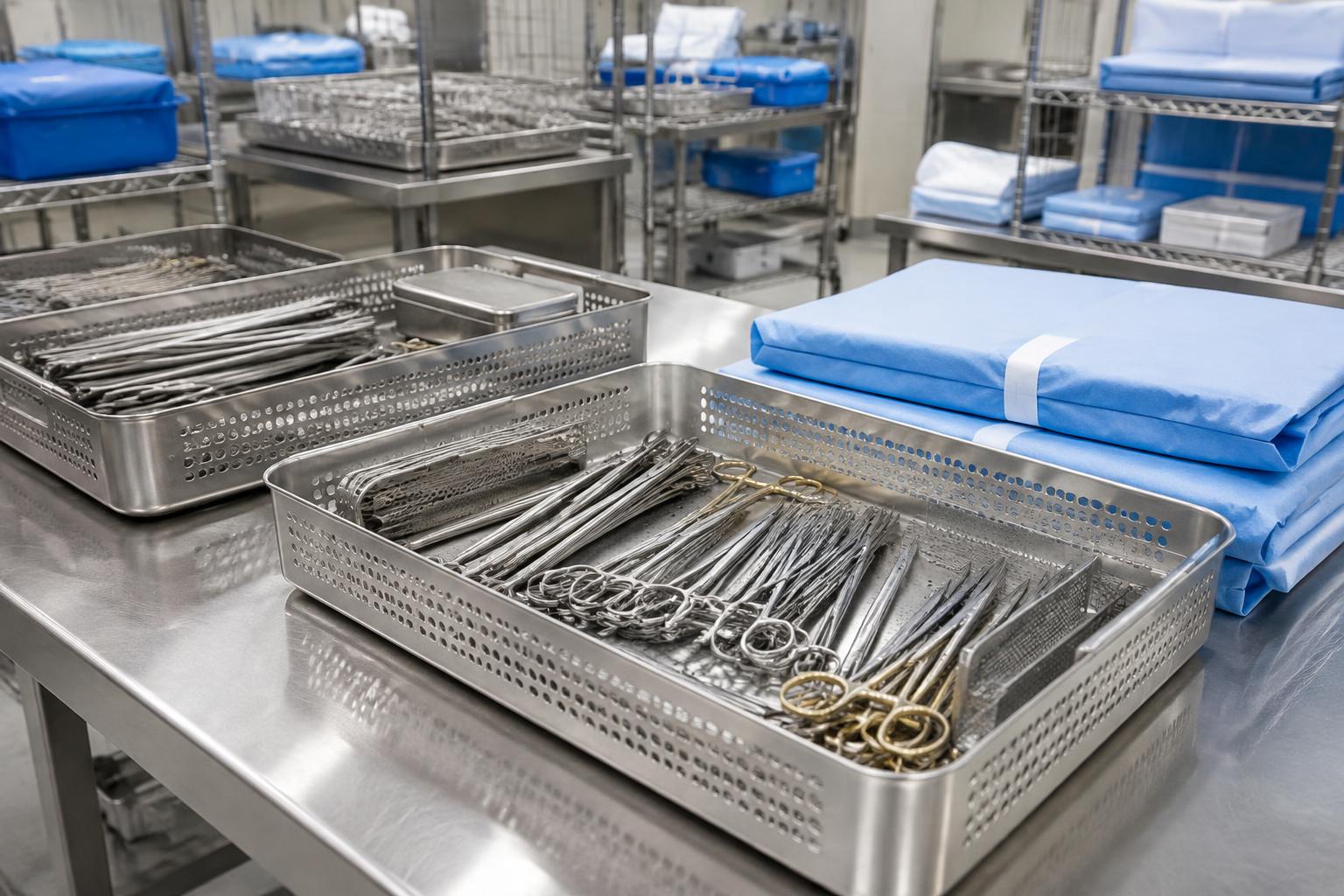 Reusable surgical instruments in perforated stainless trays